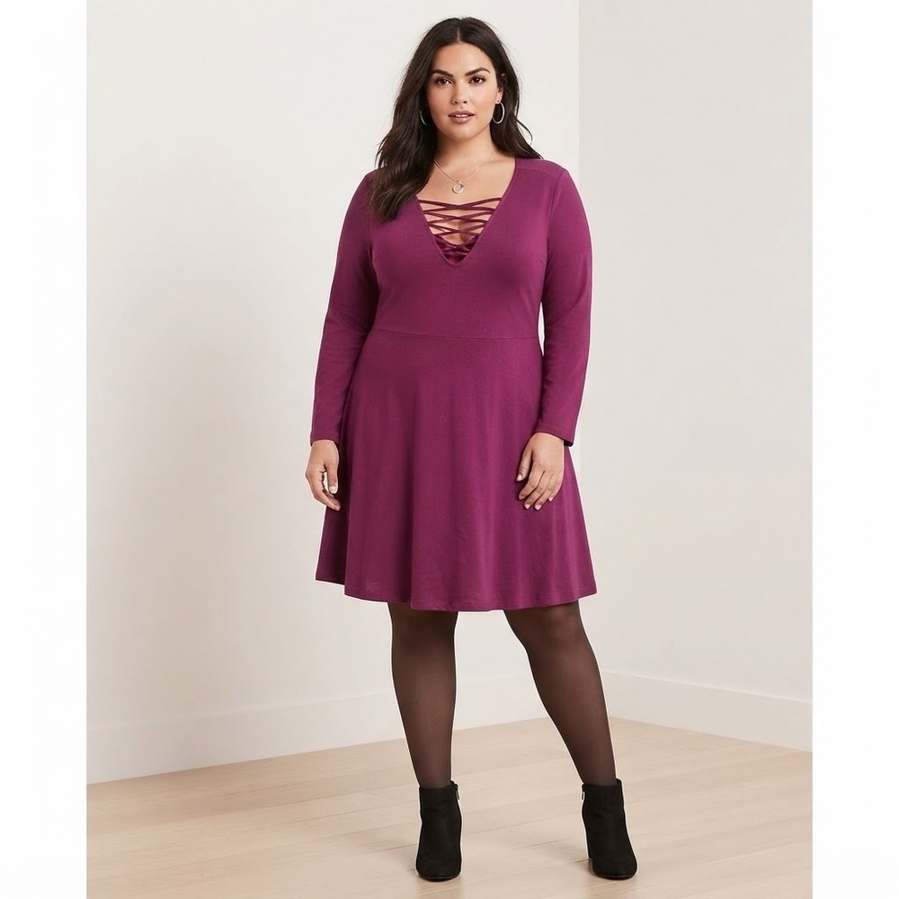 Torrid Women's Plus 2XL Purple Knit Lace V-Neck Long Sleeve Fit & Flare Dress